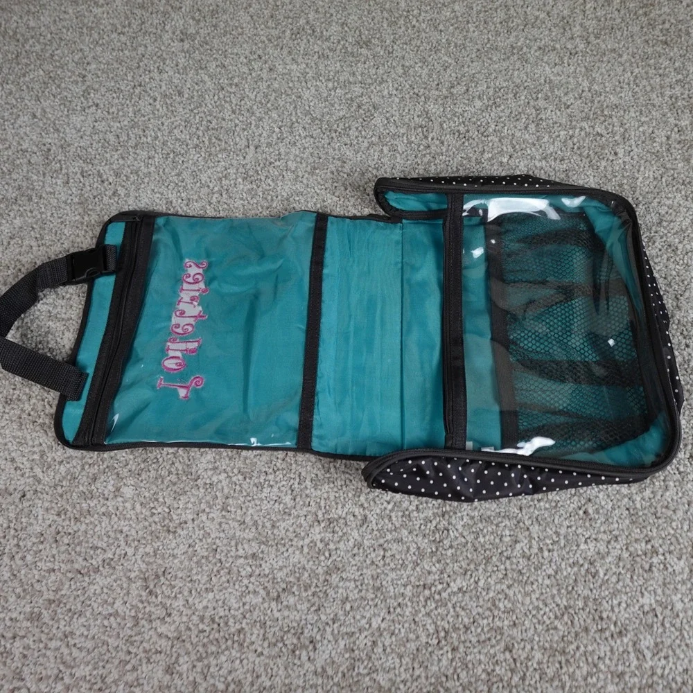 Thirty-One Hanging Toiletry Bag Black Polka Dot Pink Embroidery Travel Organizer